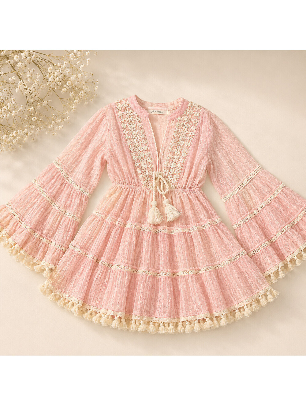POL Boho-chic Pink Dress with Bell Sleeves Large